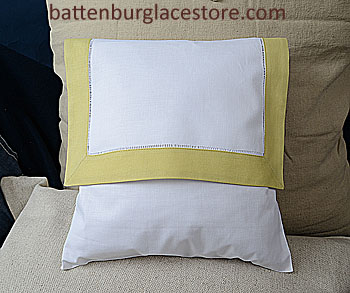 Envelope Pillow. 12 inches. White with TARRAGON / GREEN border - Click Image to Close